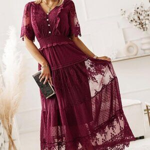 Women's V Neck Floral Lace Dress